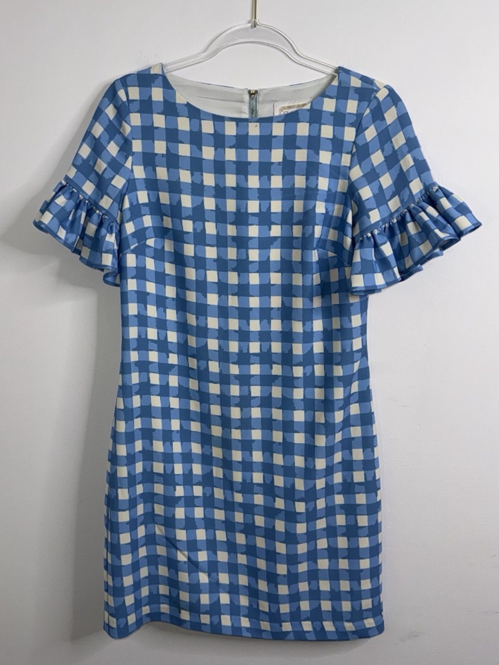STS Sail to Sable Blue White Gingham Ruffle Sleeve Shift Dress Size 4 Preppy